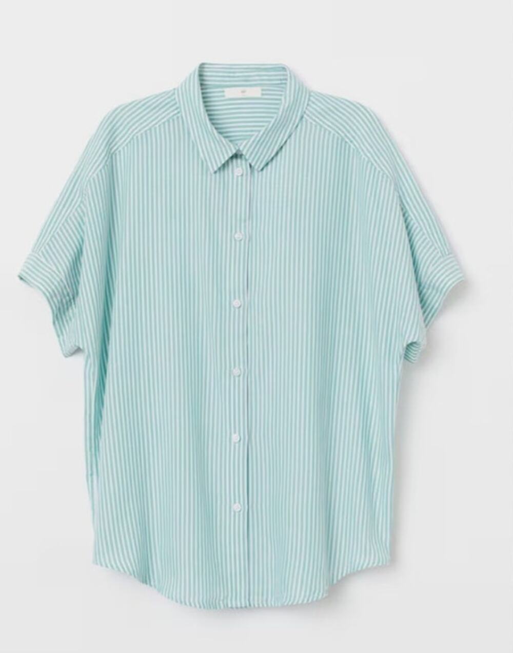 H&M Green White Stripe Button Down Shirt Short Sleeve Cotton Top Sz 6